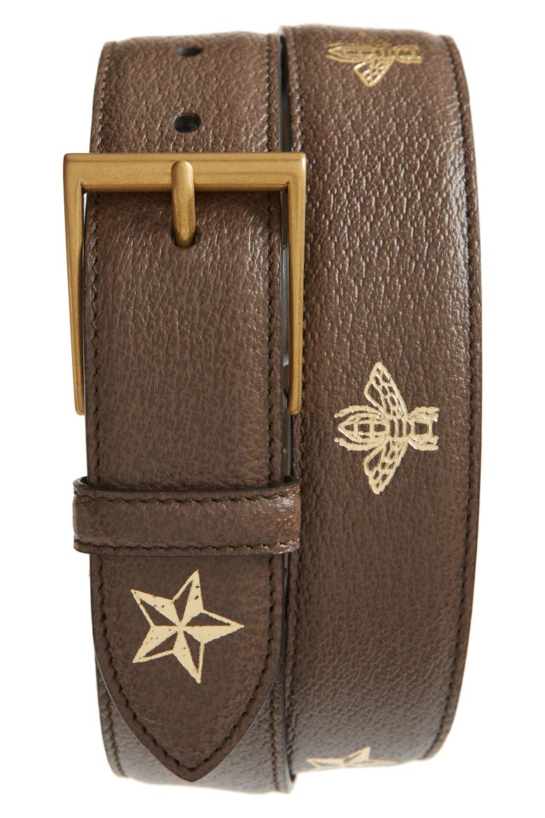 Bee & Star Print Leather Belt, Main, color, METALLIC GOLD