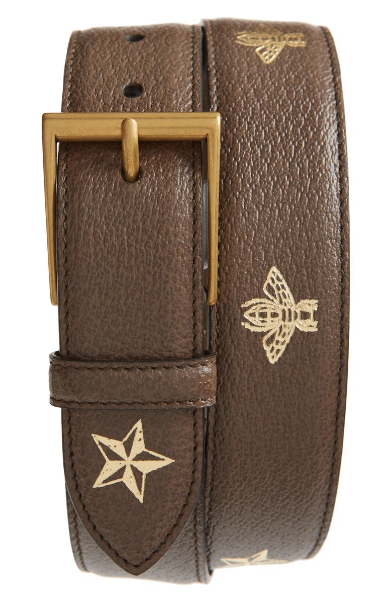 Gucci Bee & Star Print Leather Belt, Main, color, 