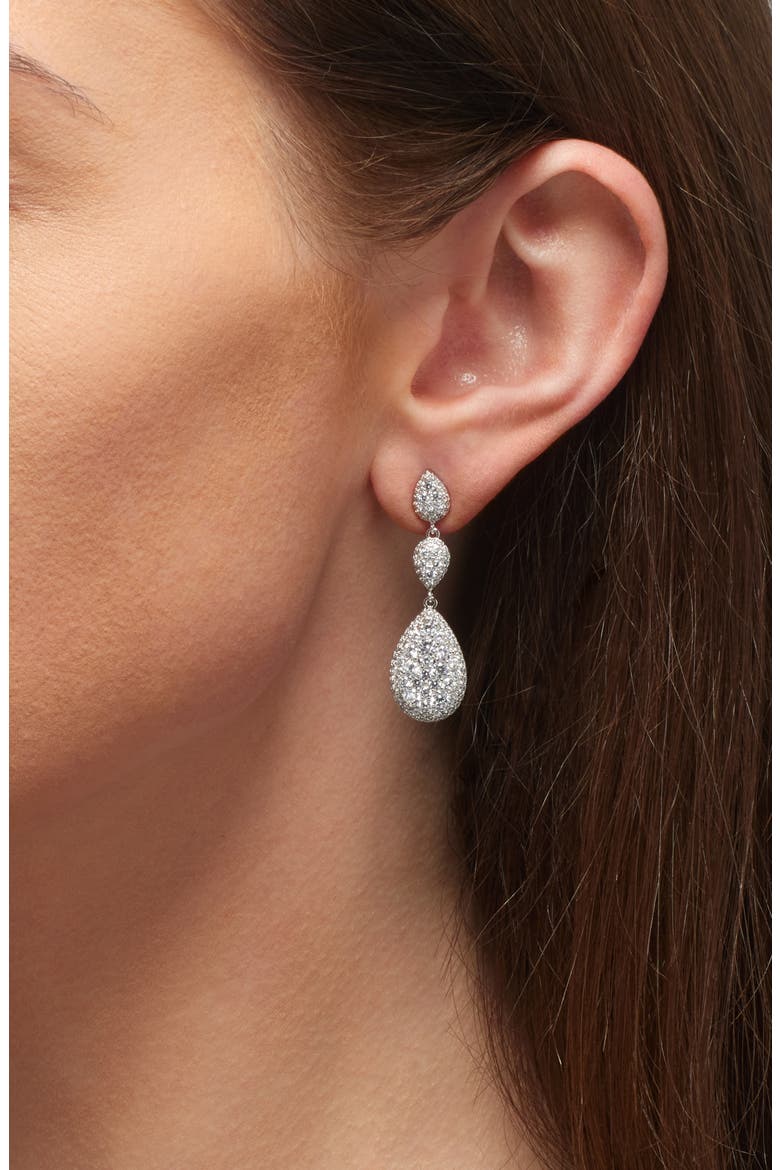 Crushed Pavé Triple Drop Earrings, Alternate, color, RHODIUM