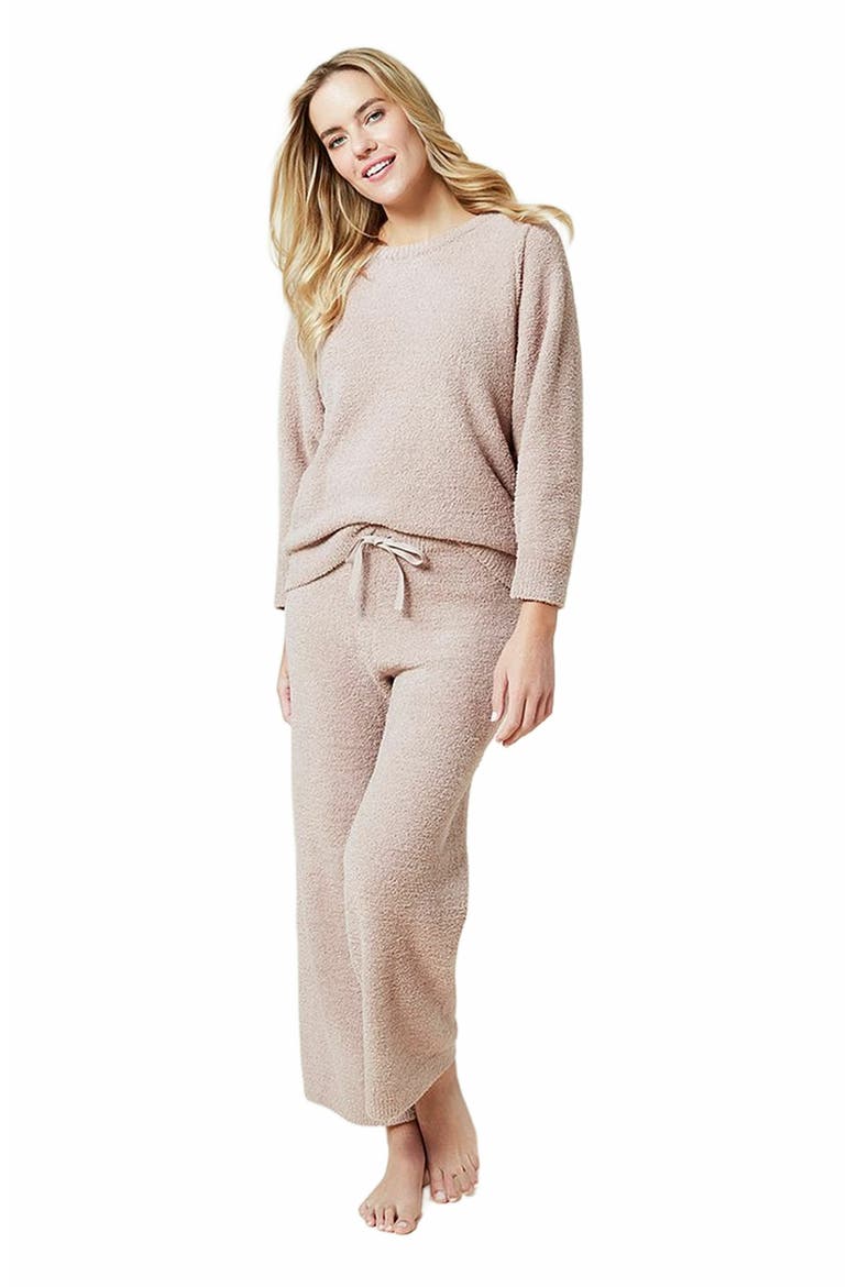 Solid Marshmallow Reverse Seam Crew Neck Lounge Set with Bracelet Sleeve, Main, color, Coco