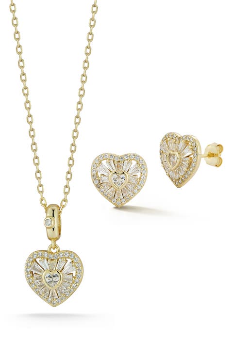 CZ Heart Pendant & Stud Earrings Set