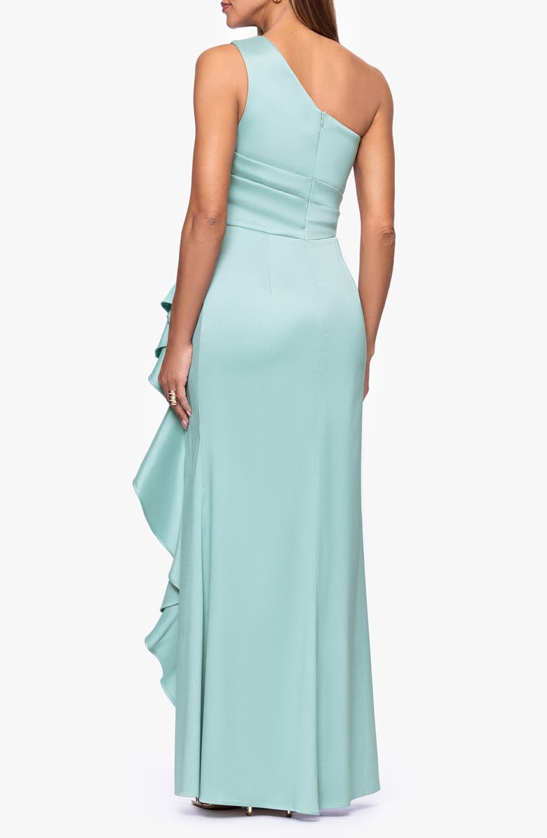 Xscape Evenings Ruffle Detail One-Shoulder Mikado Sheath Gown, Alternate, color,