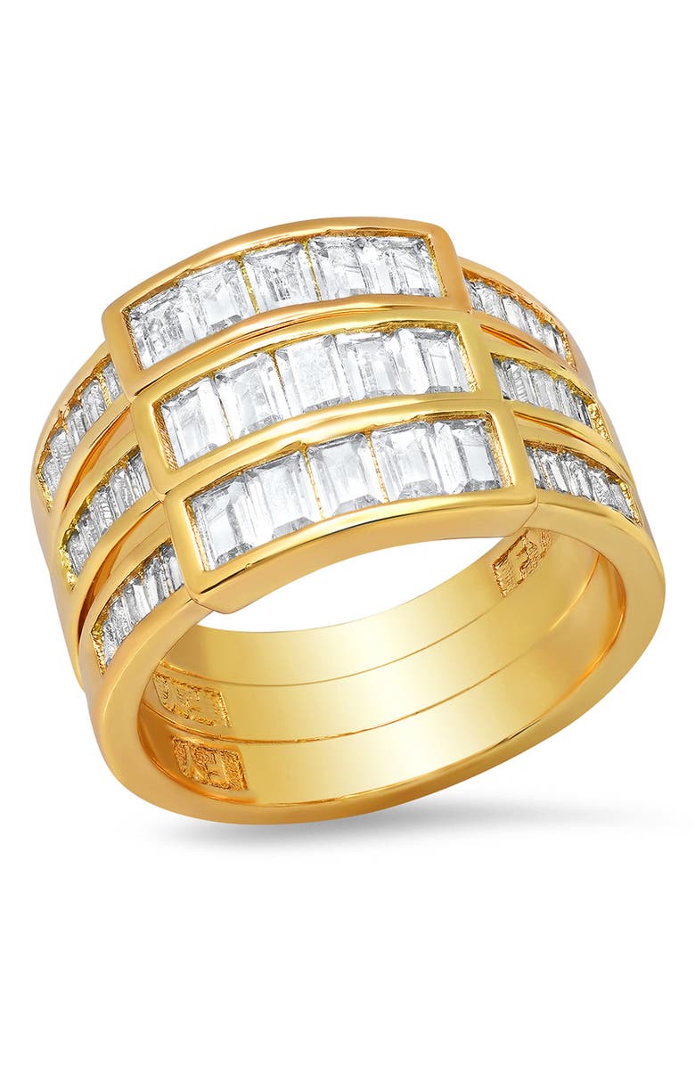 HMY JEWELRY 18k Gold Plated Stainless Steel Simulated Diamond Baguette Ring, Main, color,