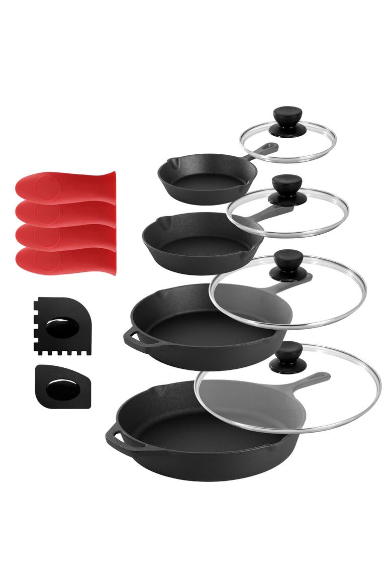 13 Piece Cast Iron Skillet Set with Tempered Glass Lids and Silicone Holders, Main, color, Black