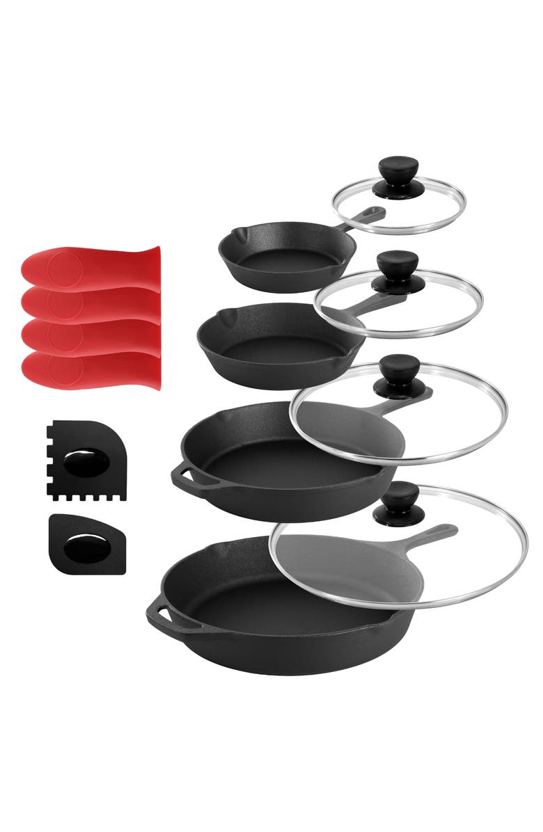 Megachef 13 Piece Cast Iron Skillet Set with Tempered Glass Lids and Silicone Holders, Main, color, Black