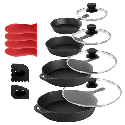 13 Piece Cast Iron Skillet Set with Tempered Glass Lids and Silicone Holders