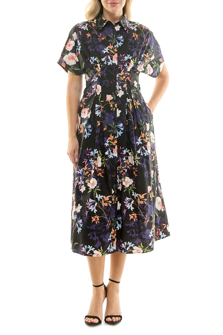 Printed Stretch Cotton Shirtdress, Main, color, SPRING BLACK