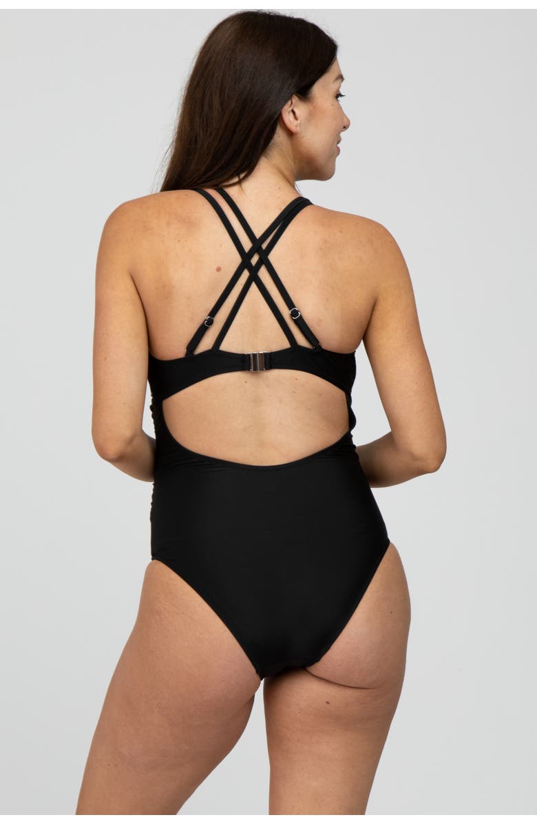 PinkBlush Ruched Side Strappy Cross Back One Piece Swimsuit, Alternate, color, Black