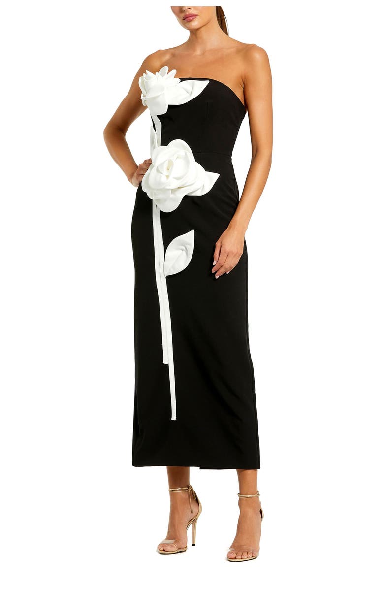 Mac Duggal Strapless Crepe Ankle Dress With 3D Satin Flowers, Main, color, Black Ivory