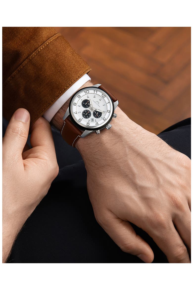Men's Arthur Chronograph Leather Strap Watch, 44mm, Alternate, color, SILVER/BROWN