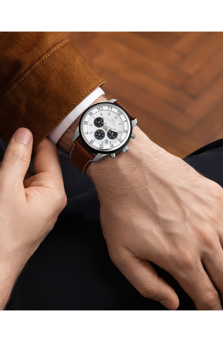 PORSAMO BLEU Men's Arthur Chronograph Leather Strap Watch, 44mm, Alternate, color, Silver/Brown