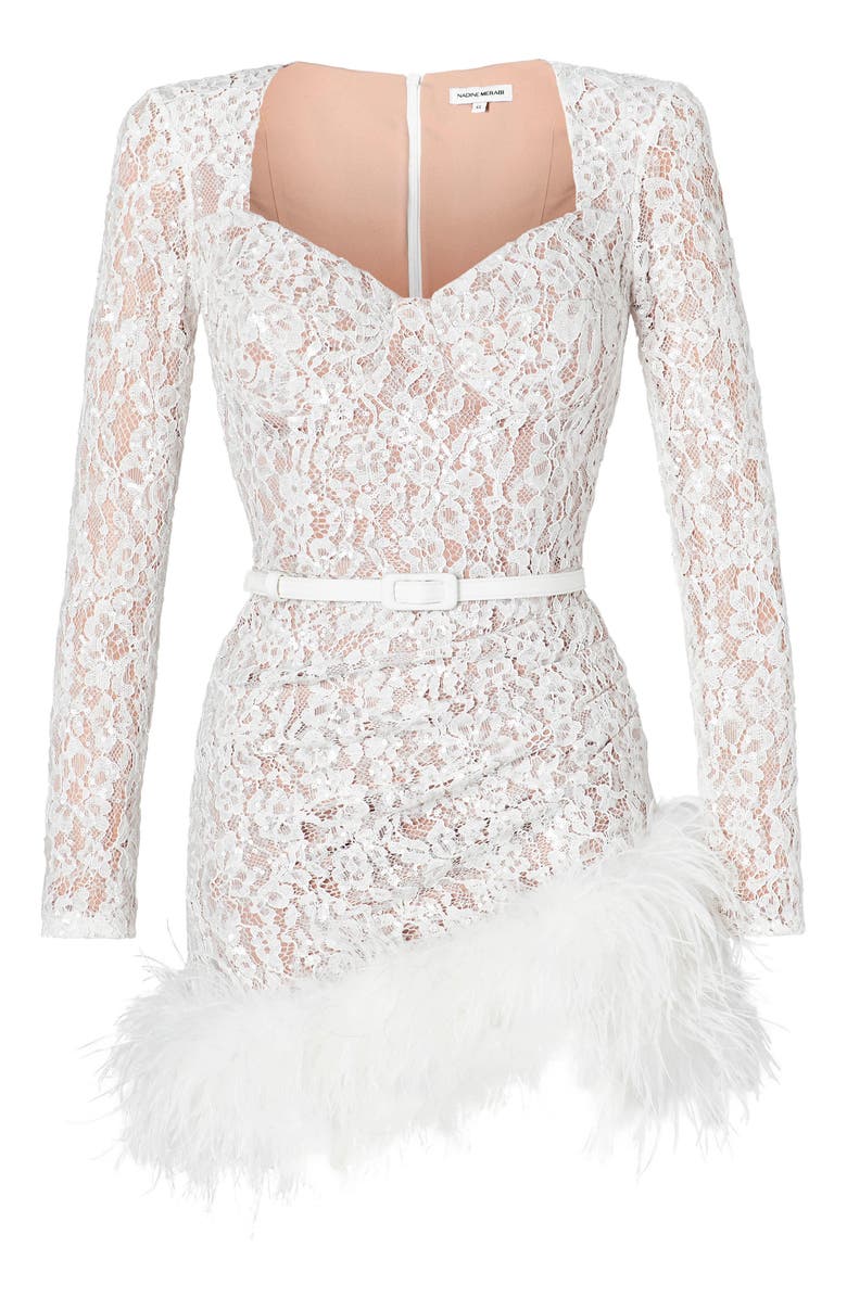 NADINE MERABI Carly Sequin Lace Feather Trim Long Sleeve Minidress, Alternate, color, 