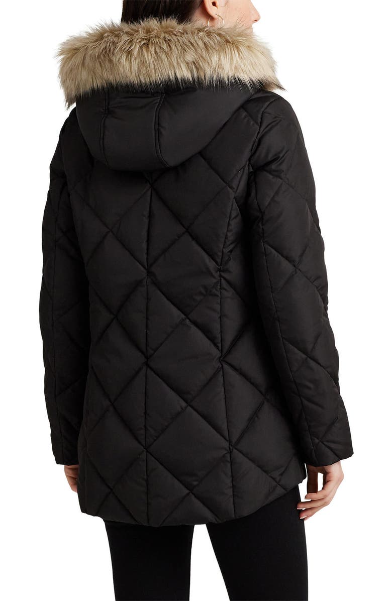 Lauren Ralph Lauren Diamond Faux Fur Trim Quilted Down & Feather Fill Hooded Puffer Coat, Alternate, color, 