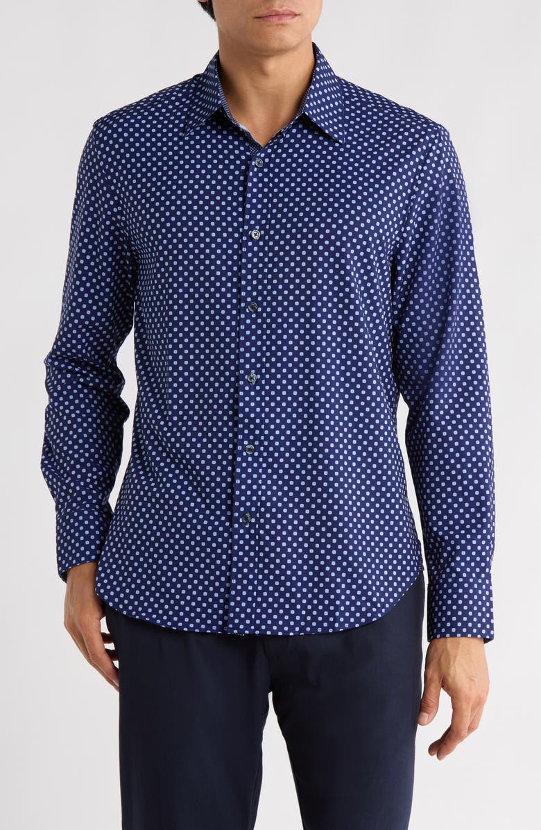 CONSTRUCT Slim Fit Abstract Dot 4-Way Stretch Button-Up Shirt, Main, color, Navy/ Blue