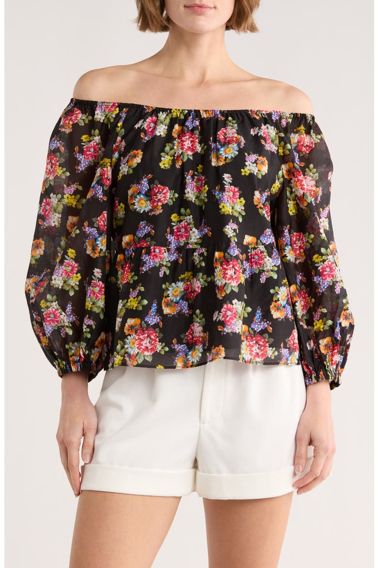 Floral Print Ruffle Peasant Top, Main, color, MAGNOLIA FLORAL BLACK