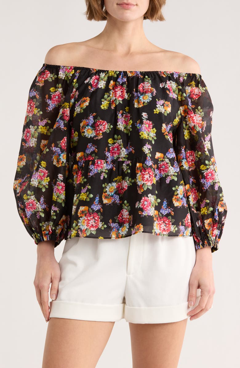Alice + Olivia Floral Print Ruffle Peasant Top, Main, color, Magnolia Floral Black