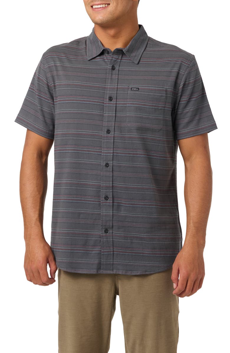 O'Neill Seafaring Stripe Stretch Short Sleeve Button-Up Shirt, Main, color, Graphite