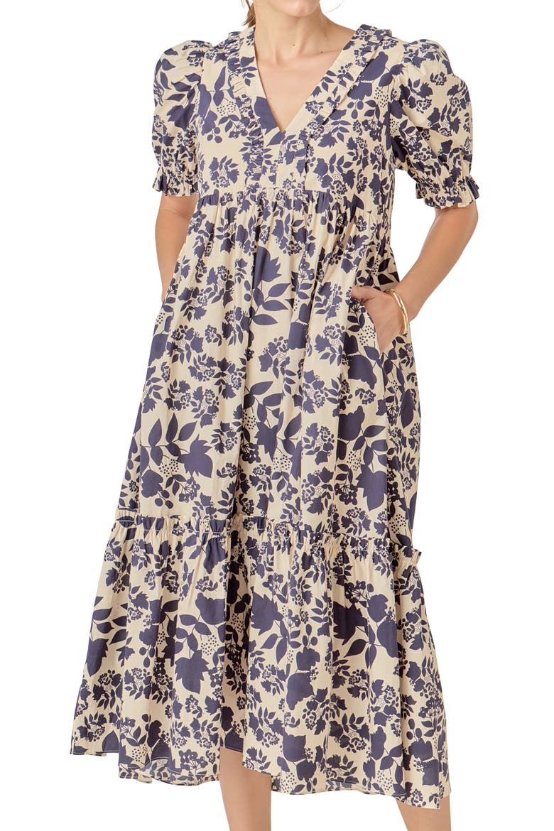 Floral Print Tiered Midi Dress, Alternate, color, CREAM/ NAVY