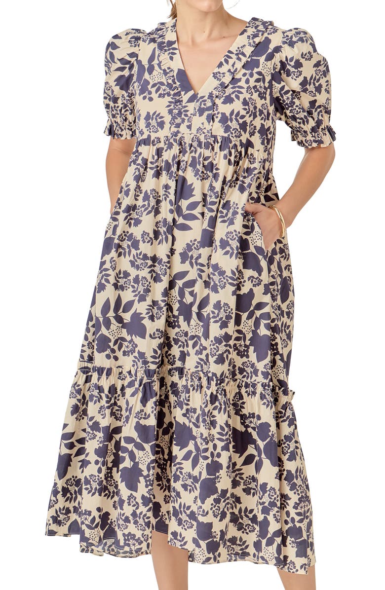 English Factory Floral Print Tiered Midi Dress, Alternate, color, Cream/ Navy