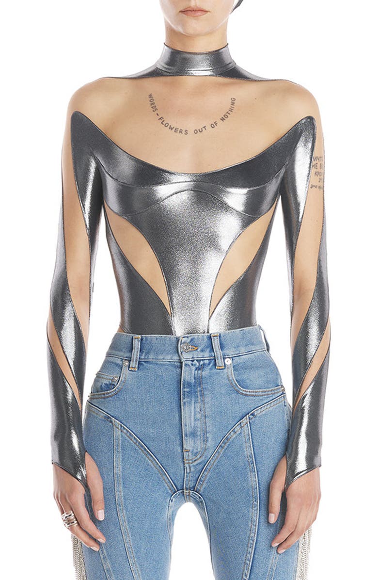 MUGLER Dua Lipa Metallic Illusion Bodysuit, Main, color,