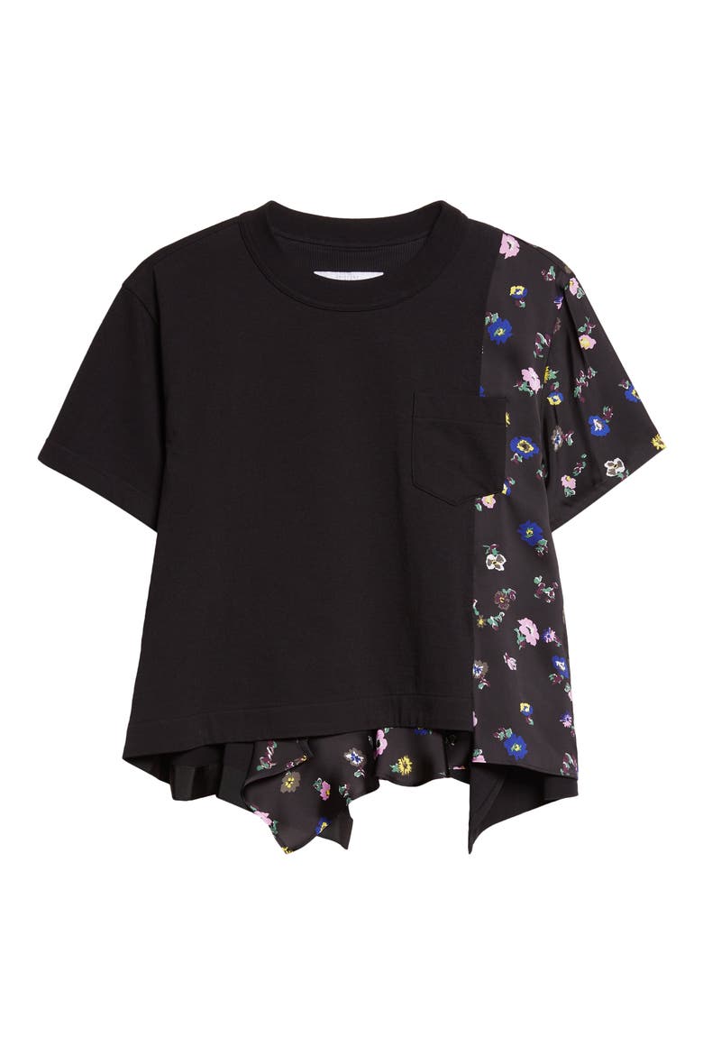 Mixed Media Cotton Jersey & Floral Satin Pocket T-Shirt, Alternate, color, BLACK/ BLACK