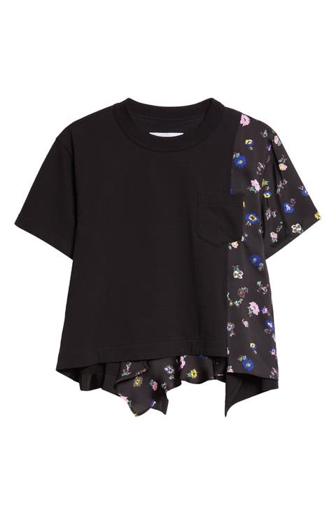 Mixed Media Cotton Jersey & Floral Satin Pocket T-Shirt