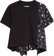 Sacai Mixed Media Cotton Jersey & Floral Satin Pocket T-Shirt