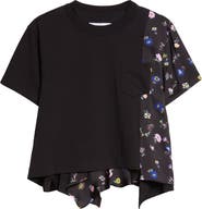 Sacai Mixed Media Cotton Jersey & Floral Satin Pocket T-Shirt