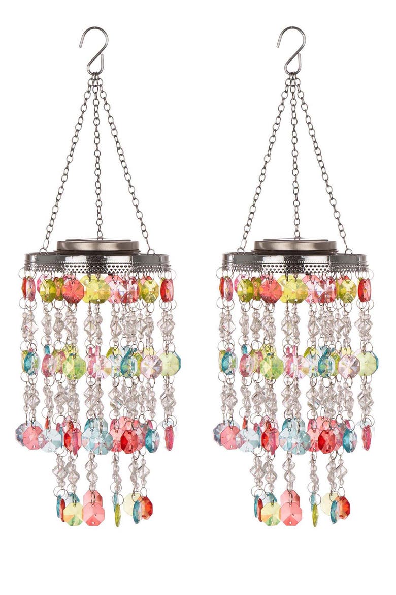 Set of 2 Solar Lighted Acrylic Jewel Beaded Wind Chime or Chandelier Hanging Decor, Main, color, Red