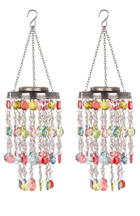 Set of 2 Solar Lighted Acrylic Jewel Beaded Wind Chime or Chandelier Hanging Decor