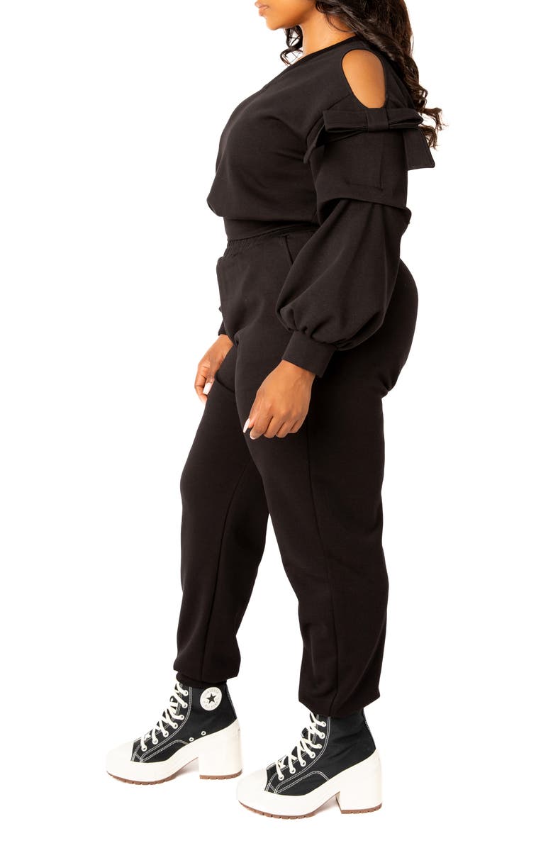BUXOM COUTURE Scuba Knit Cold Shoulder Sweatshirt & Jogger Set, Alternate, color, Black
