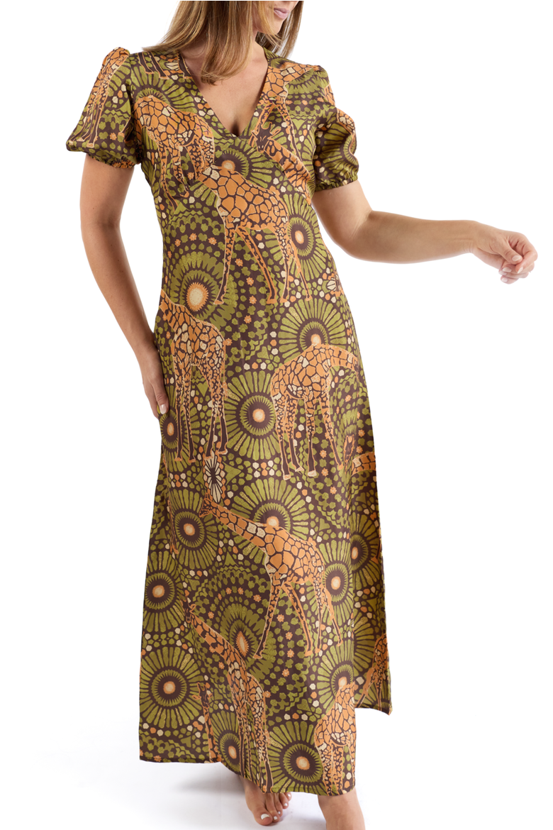 The Africa - Silk Puff Sleeve V-Neck Maxi Dress, Alternate, color, Brown