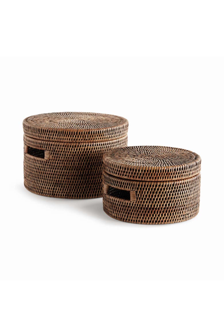 Burma Rattan Round Lidded Boxes Set Of 2, Main, color, Brown