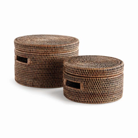 Burma Rattan Round Lidded Boxes Set Of 2