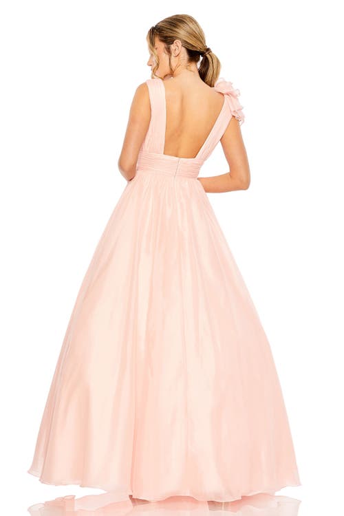 Mac Duggal Ruffle Shoulder V-neck Chiffon Gown In Blush