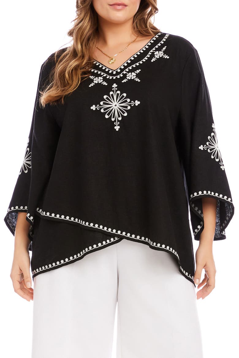Embroidered Asymmetric Hem Linen Blend Top, Main, color, BLACK AND WHITE