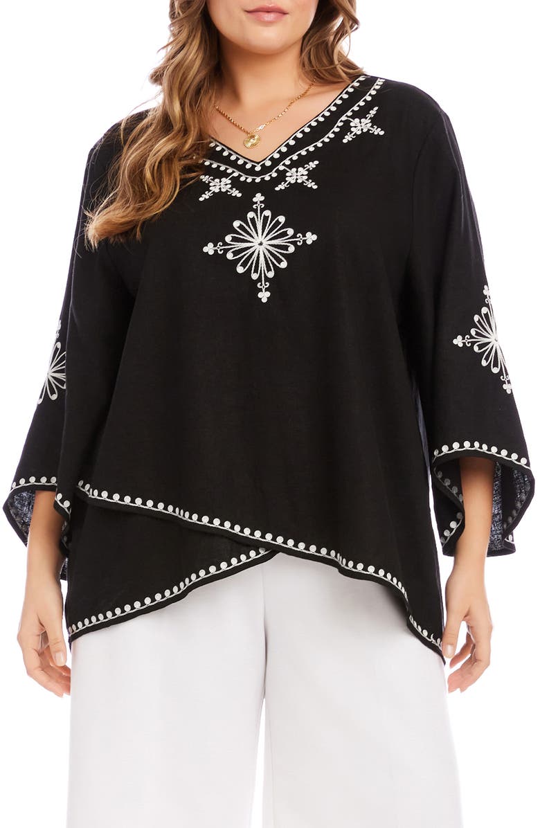 Karen Kane Embroidered Asymmetric Hem Linen Blend Top, Main, color, Black And White