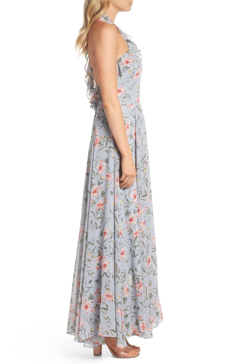 Ella Floral Ruffle Chiffon Maxi Dress, Alternate, color, SMOKE BLUE GREY/ LIGHT RED