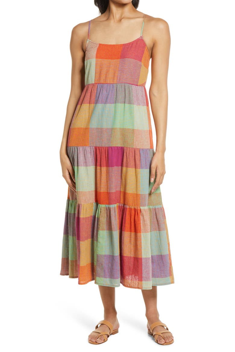 Lana Madras Plaid Tiered Midi Sundress, Main, color, ORANGE FOX
