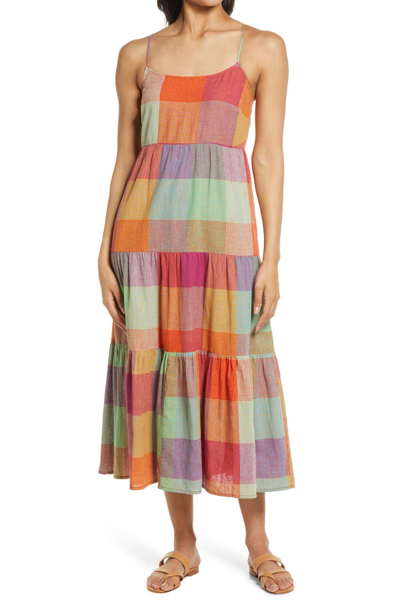 beachlunchlounge Lana Madras Plaid Tiered Midi Sundress, Main, color, 