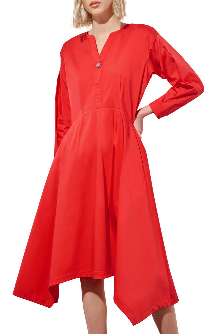 Long Sleeve Asymmetric Hem Cotton Blend Dress, Alternate, color, FLAMENCO