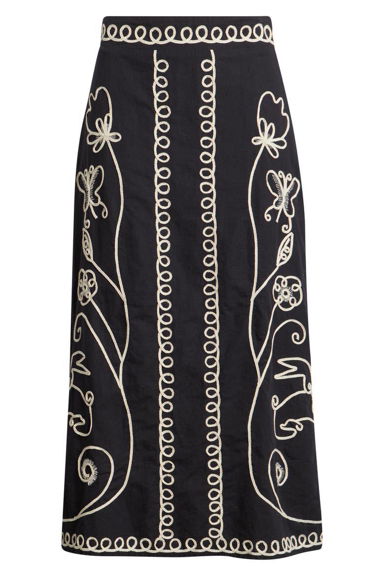 Sorina Embroidered Cotton & Linen Midi Skirt, Alternate, color, BLACK