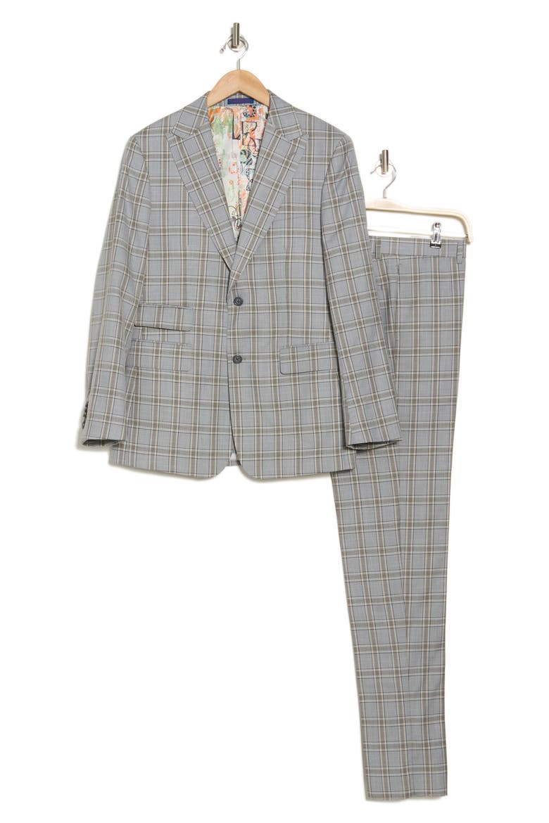 Plaid Khaki Stretch Mélange Suit, Alternate, color, GREY/ KHAKI