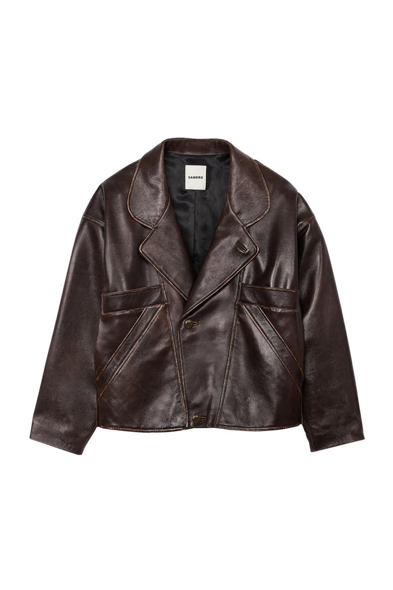 Oversized leather jacket, Alternate, color, Brown