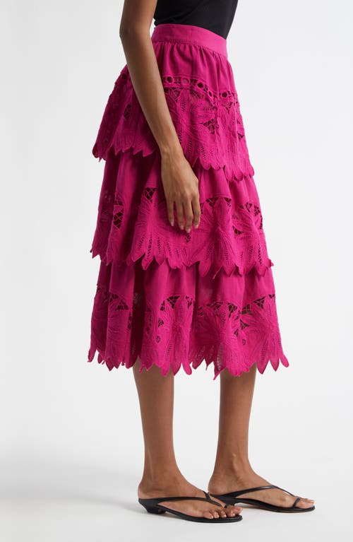 Shop Farm Rio Daisy Guipure Lace Cotton & Linen Tiered Skirt In Pink