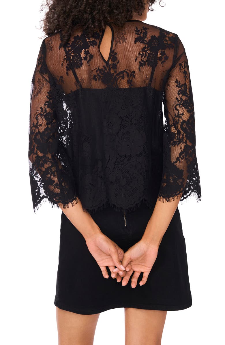 Vince Camuto Scallop Hem Cotton Blend Lace Top, Alternate, color, Rich Black