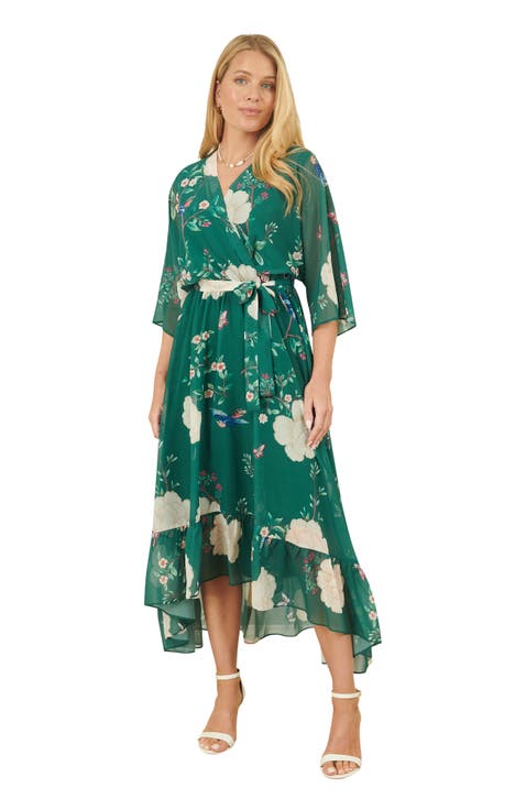 Bird And Floral Print Midi Wrap Dress