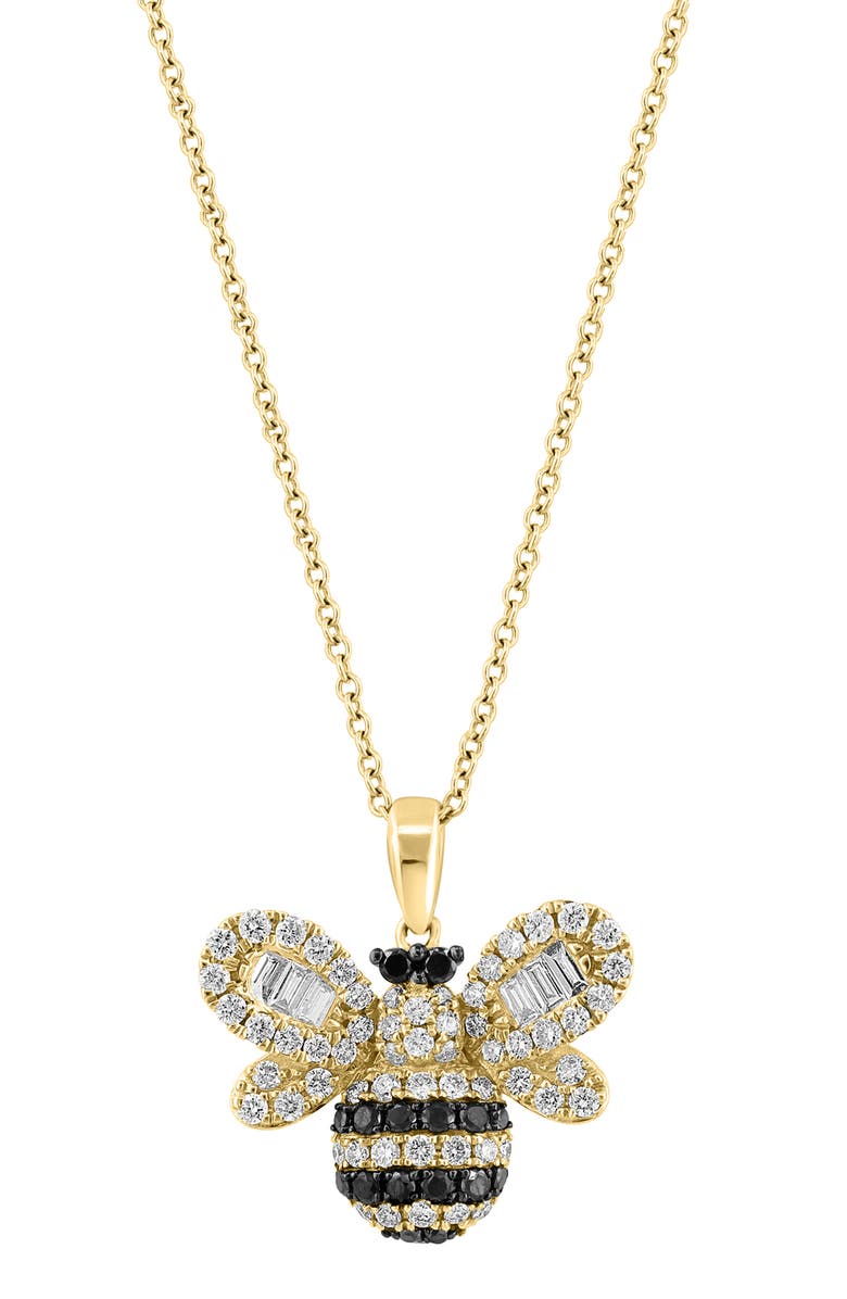 EFFY 14K Yellow Gold White & Black Diamond Bee Pendant Necklace - 0.79ct., Main, color,