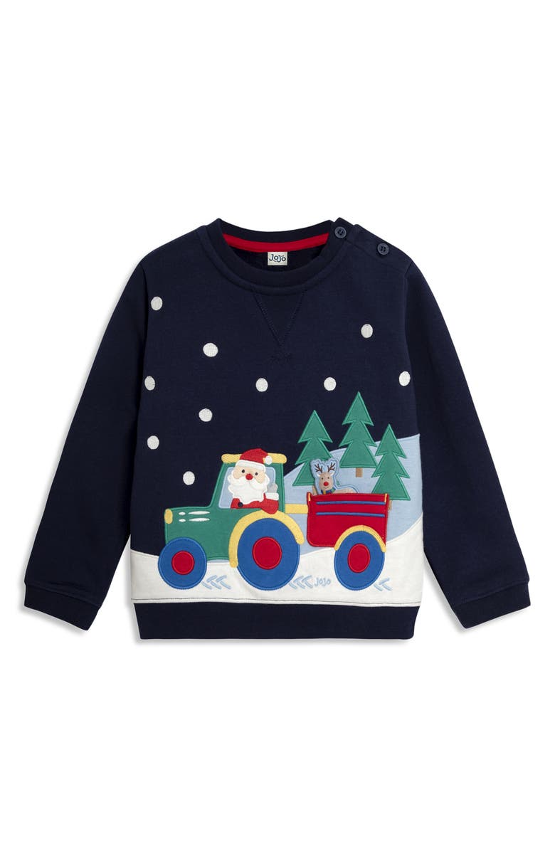 JOJO MAMAN BEBE Holiday Santa Construction Appliqué Cotton Graphic Sweatshirt, Main, color, Navy