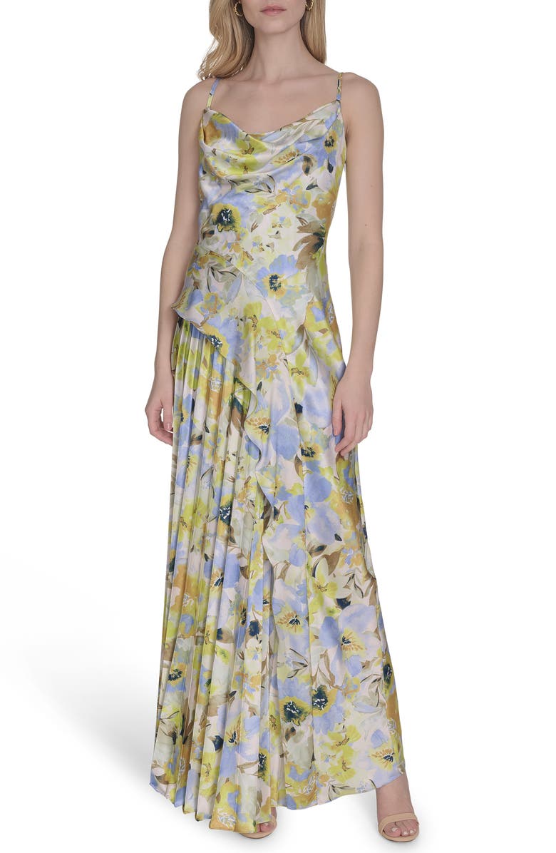 Vince Camuto Floral Cowl Neck Satin Gown, Main, color, Blue Multi